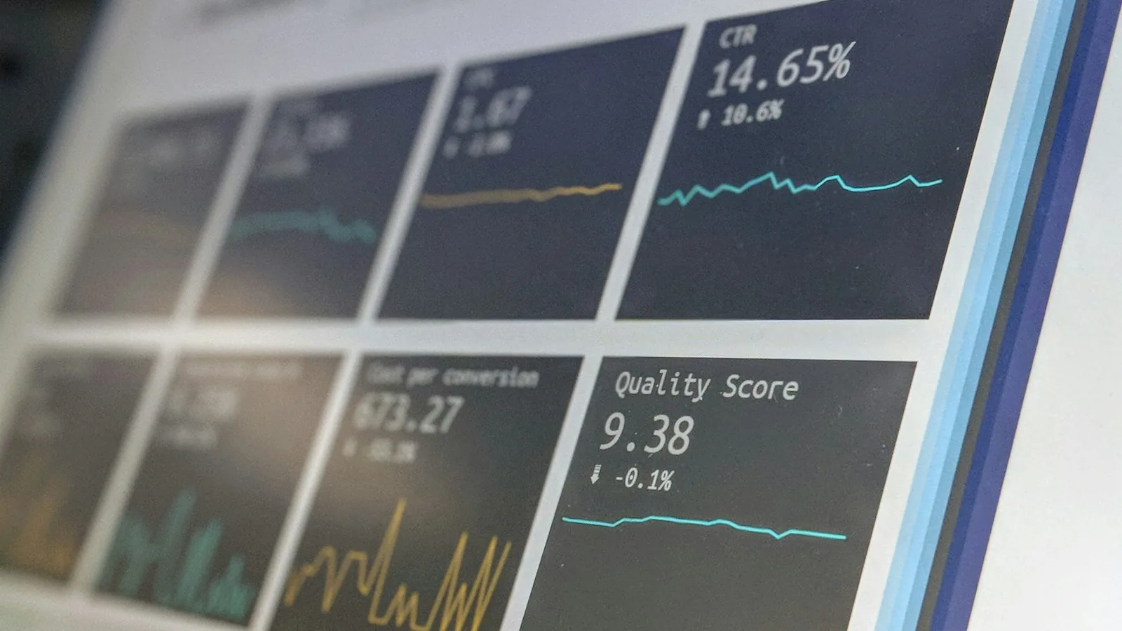 A close-up of a dark screen showing advertising metrics such as conversion rate and quality score