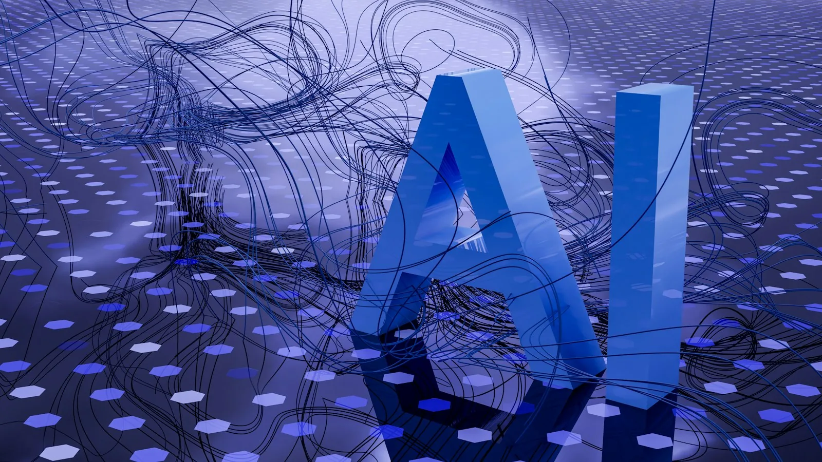 The letters A and I in blue, rendered in three dimensions over a dotted surface